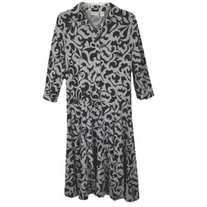 Chicos Size 0 Small Long Sleeve Two Tone Print Midi Dress Button Neck Collar